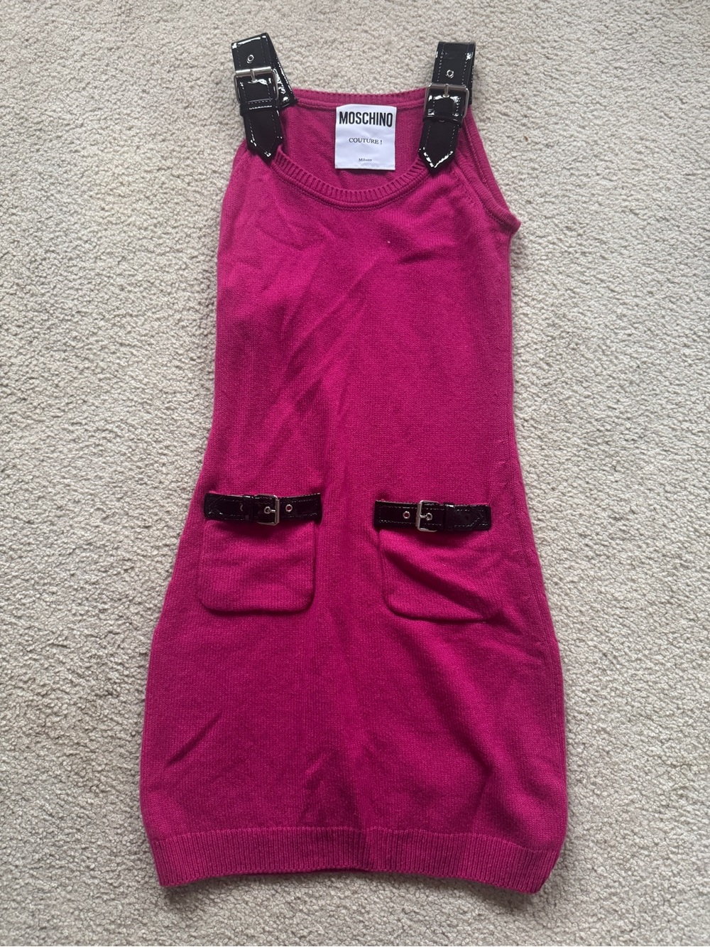 Moschino Couture! Pink Cashmere Ladies Fuchsia Buckle Details Knitted Mini Dress